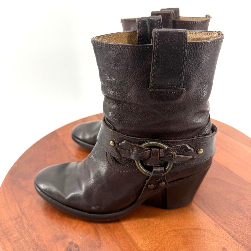 Frye Harness 4001 Ankle Boots Dark Brown Leather Moto Biker Resoled Women 6B - Picture 2 of 14
